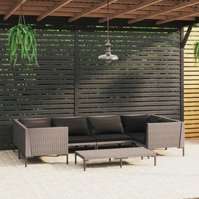 vidaXL 7 pcs conj. lounge jardim c/ almofadões vime PE cinzento-escuro