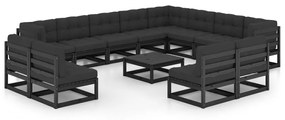 vidaXL 13 pcs conjunto longue jardim c/ almofadões pinho maciço preto