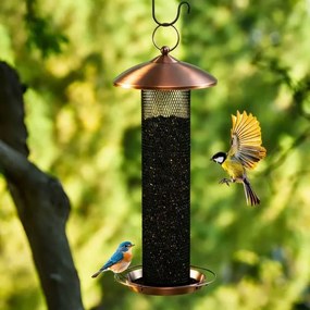 Comedouro para pássaros 16 x 40 cm em forma de tubo de malha metálica suspenso com tampa e bandeja de grande capacidade 16 kg para sementes