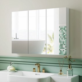 Armário de Casa de Banho com Espelho Armário de Parede Casa de Banho Suspenso com 3 Portas Prateleiras Ajustáveis 91,5x11,5x65 cm Branco