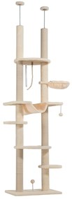 PawHut Arranhador para Gatos do Chão ao Teto 225-255 cm com 7 Níveis Rede Plataformas Postes de Arranhar  Bege e Cinza