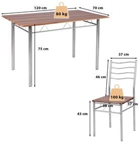 Conjunto de móveis de cozinha de 5 peças, mesa retangular, estrutura de aço, 4 cadeiras, almofadas com encosto alto para sala de jantar, cor de noguei