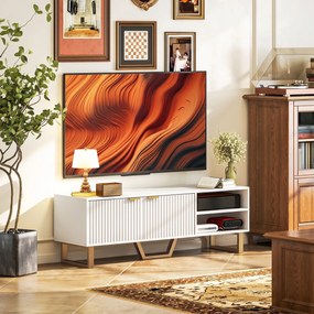 Móvel de televisão 140 L x 39 P x 47 A cm para televisores até 70 polegadas — armário com 2 portas caneladas, compartimento aberto e passa cabo branco
