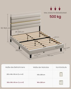 Estrutura moderna para cama de casal 160 x 200 cm (COLCHÃO NÃO INCLUIDO) com cabeceira estofada bege cappuccino