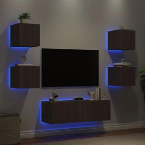 5 pcs móveis de parede para TV com luzes LED carvalho castanho
