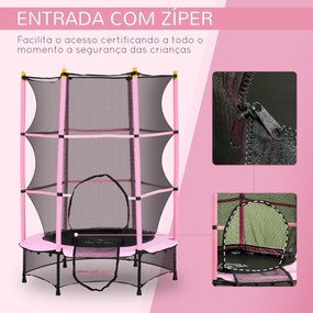 Trampolim para Crianças com Rede de Segurança e Estrutura de Aço para Interiores e Exteriores Carga 50kg Ø140x190 cm Rosa