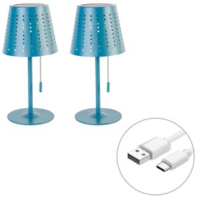 Conjunto de 2 candeeiros de mesa azuis com LED recarregáveis e solares reguláveis em 3 etapas - Ferre