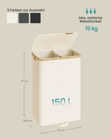 Cesto da roupa suja com tampa e saco removível 52 x 38,5 x 75 cm, 150 L, branco creme