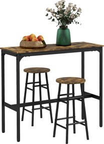 Conjunto de mesa alta de bar + 2 bancos com estrutura em aço e tampo com efeito de madeira de mogno para 2 pessoas, castanho rústico, preto