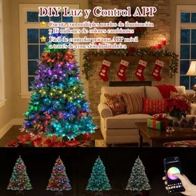 Árvore de Natal artificial pré-iluminada de 180 cm com controlo remoto 370 luzes RGB multicoloridas controladas por APP 1054 pontas verdes