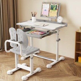 Conjunto de secretária e cadeira para crianças com altura ajustável, tampo inclinável, porta-copos, gaveta e cadeira ergonómica Cinza