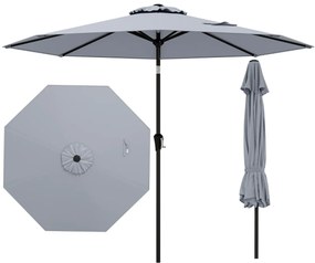 Guarda-sol jardim de 270 cm com 8 varas robustas, toldo ventilado resistente com inclinação por botão Cinzento