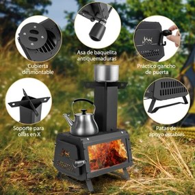 Fogão a lenha portátil com 2 posições de cozedura, pega da porta e janela de vidro resistente ao calor para cozinhar campismo