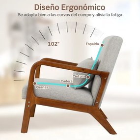 Poltrona Moderna com Estrutura em Madeira de Borracha Almofada Lombar Encosto Antiderrapante Almofadas Cinzenta