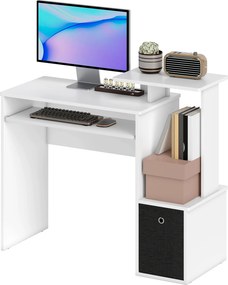 Secretária com prateleiras, tabuleiro, teclado e cesto preto; painéis de aglomerado branco