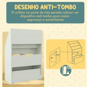 Estante de Madeira para Brinquedos com 3 Compartimentos 2 Prateleiras e Gaveta Móvel com 4 Rodas 60x29,9x90 cm Verde