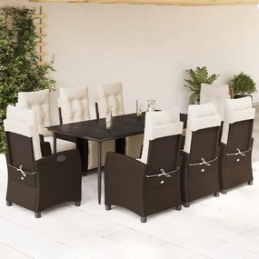 vidaXL 9 pcs conjunto jantar p/ jardim c/ almofadões vime PE castanho