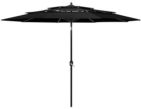 vidaXL Guarda-sol de jardim 3 camadas c/ poste de alumínio 3 m preto
