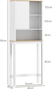 Móvel de arrumação para colocar por cima da sanita 65 x 25 x 170 cm, com porta canelada, compartimentos e prateleira ajustável, branco