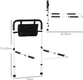 Barra de apoio para cama com pés, proteção ajustável em 5 alturas, bolso de arrumação, 52 x 85-95 x 71-102 cm, branco e preto