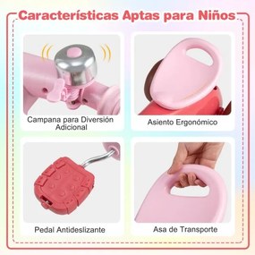 Triciclo para crianças com direção limitada, assento ergonómico, cestos dianteiro e traseiro e campainha para 3-5 anos, cor rosa