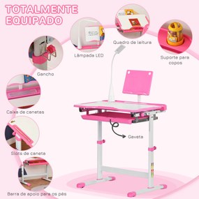 Conjunto de Secretária e Mesa para Crianças acima de 6 Anos com Altura Ajustável Mesa Inclinável e Lâmpada Rosa