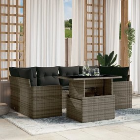 7 pcs conjunto sofás p/ jardim c/ almofadões vime PE cinzento