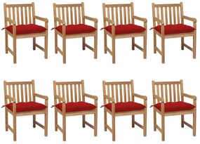 vidaXL Cadeiras de jardim c/ almofadões vermelhos 8 pcs teca maciça