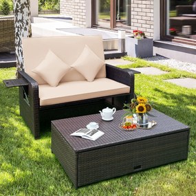 Conjunto sofá cama jardim de 2 lugares em rattan com pufe multifunções Tabuleiro lateral retrátil Encosto ajustável de 4 níveis Castanho