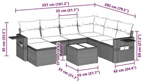 8 pcs conj. sofás jardim c/ almofadões vime PE cinzento-claro