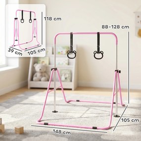 Barra de Ginástica para Crianças com Altura Ajustável em 5 Níveis Anéis e Dobrável 148x105x88-128 cm Rosa