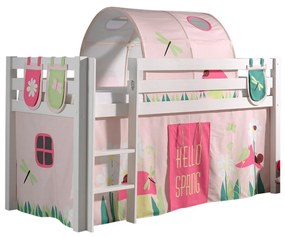 Conjunto Cama alta de Criança PINO 90 x 200 cm + estrado + escada + cortina +3 bolsas + túnel Primavera Branca