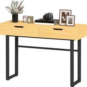 Mesa consola 110 (C) x 35 (P) x 76,5 (A) cm estreita com 2 gavetas, estrutura em metal e design sem puxadores, cor natural