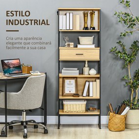Estante Industrial Estante para Livros com Gaveta e Prateleiras e Estrutura de Metal 60x30x173 cm Madeira e Preto
