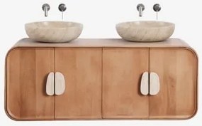 Conjunto De Móvel De Casa De Banho Dupla Suspensa 130x45 Cm Em Madeira De Manga E Pedra Natural Kivalina Sem Espelho & 2 X Cinzento Escovado Para Pia