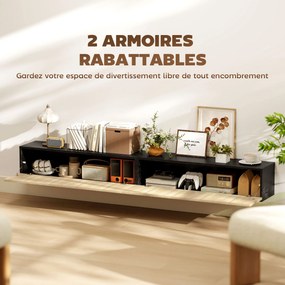 Móvel de televisão suspenso de 140 cm, móvel para televisor de 72 polegadas, 2 portas rebatíveis, 140 x 25 x 22 cm, madeira natural e preta