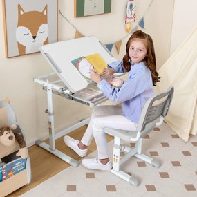 Conjunto de mesa e cadeira infantil com altura regulável, gaveta de superfície inclinada, pequena mesa de estudo cinzenta