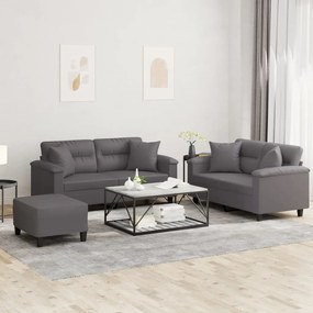 vidaXL 3 pcs conjunto de sofás com almofadas couro artificial cinzento