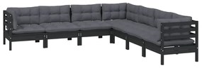 7 pcs conjunto lounge jardim c/ almofadões pinho maciço preto