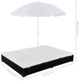 Espreguiçadeira de exterior com guarda-sol vime PE preto