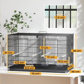 Gaiola para Pássaros com Divisória Gaiola para Aves com 4 Comedouros 4 Poleiros e Bandeja Amovível 76x46x46 cm Preto