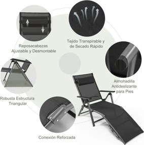 Conjunto de 2 Espreguiçadeiras de Exterior Reclináveis, 140,5 x 65 x 94 cm, 8 Posições Ajustáveis, Cinzento