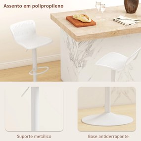 Conjunto de 2 Bancos Altos de Cozinha Giratória com Encosto e Altura Ajustável Carga 120 kg para Bar Sala de Estar Branco