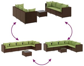 7 pcs conjunto lounge de jardim c/ almofadões vime PE castanho