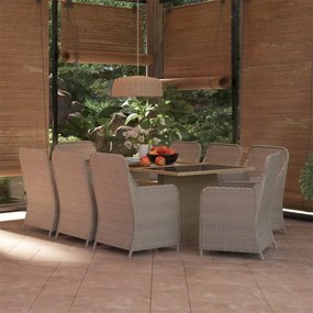 vidaXL 9 pcs conjunto de jantar para jardim vime PE castanho