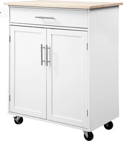 Carro de serviço de cozinha com rodas Ilha de cozinha com gaveta de armário e suporte para panos de cozinha - branco