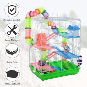 Gaiola para Hamster com 5 Plantas Escada Alimentador Bebedor Roda e Túnel 46x30x58cm Verde e Branco