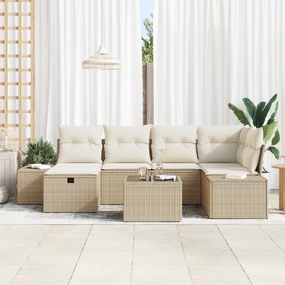 Conjunto de Sofá de Jardim de 7 Peças com Almofadas Bege Polirratã