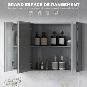 Armário de parede para casa de banho 90 x 15 x 60 cm com 3 portas espelhadas e prateleiras ajustáveis em MDF cinzento