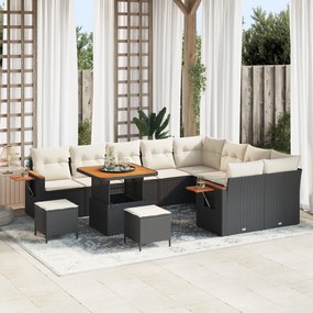 Conjunto de Sofás de Jardim com 12 Peças com Almofadas Preto Rattan Sintético Acácia